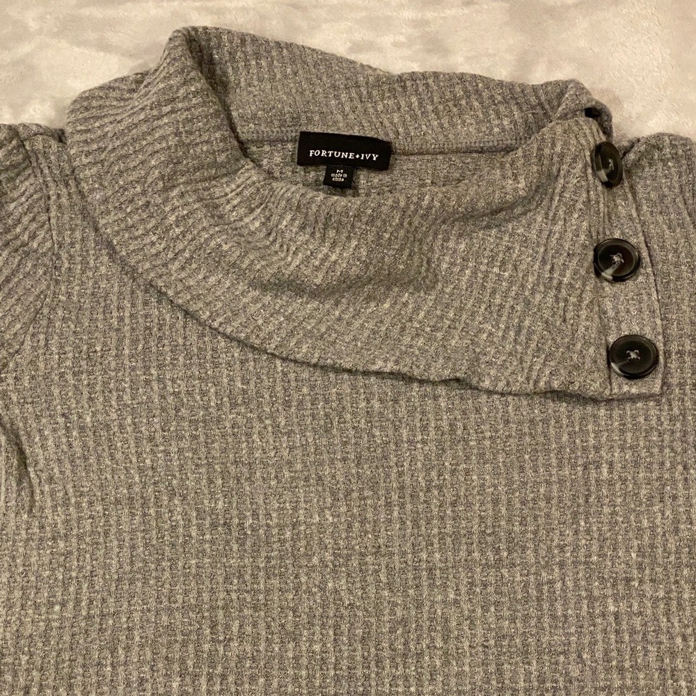 Gray waffle knit cowl neck top by “Fortune & Ivy”